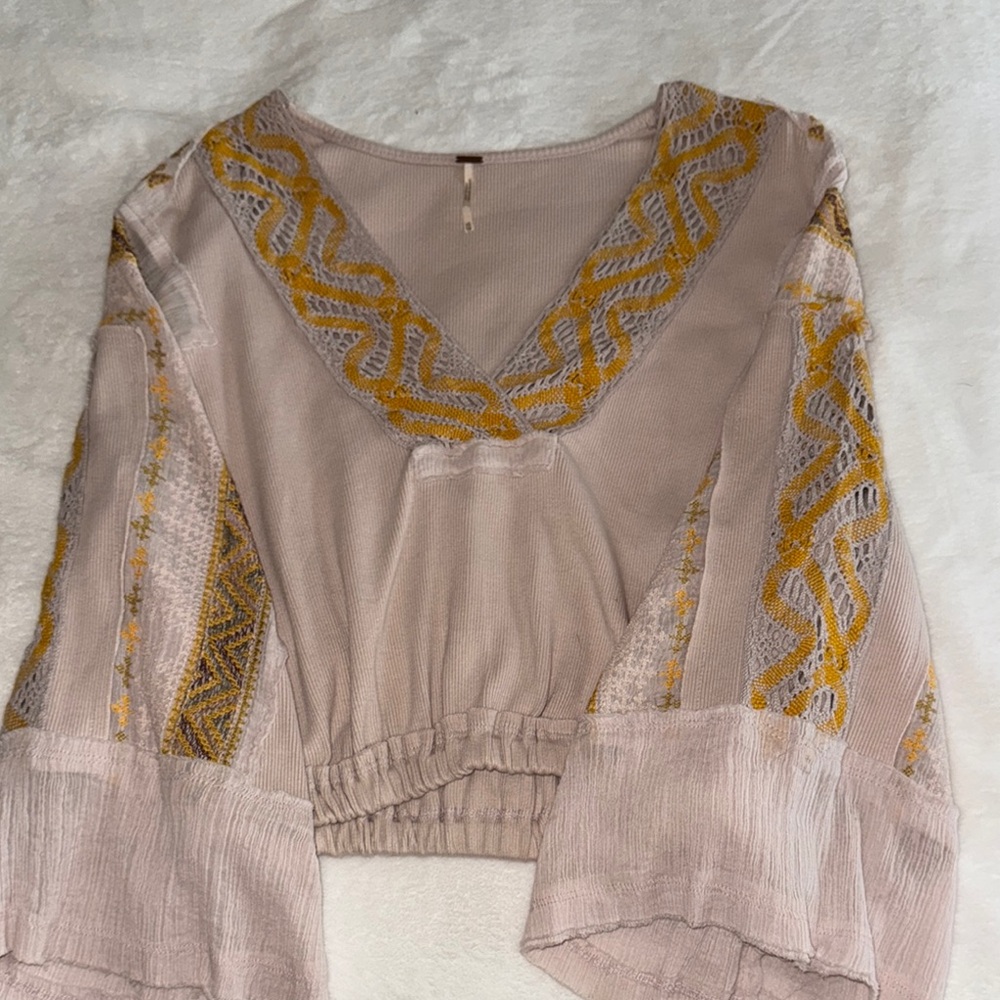 Free People Tan Crop Blouse with Embellished Bib Collar